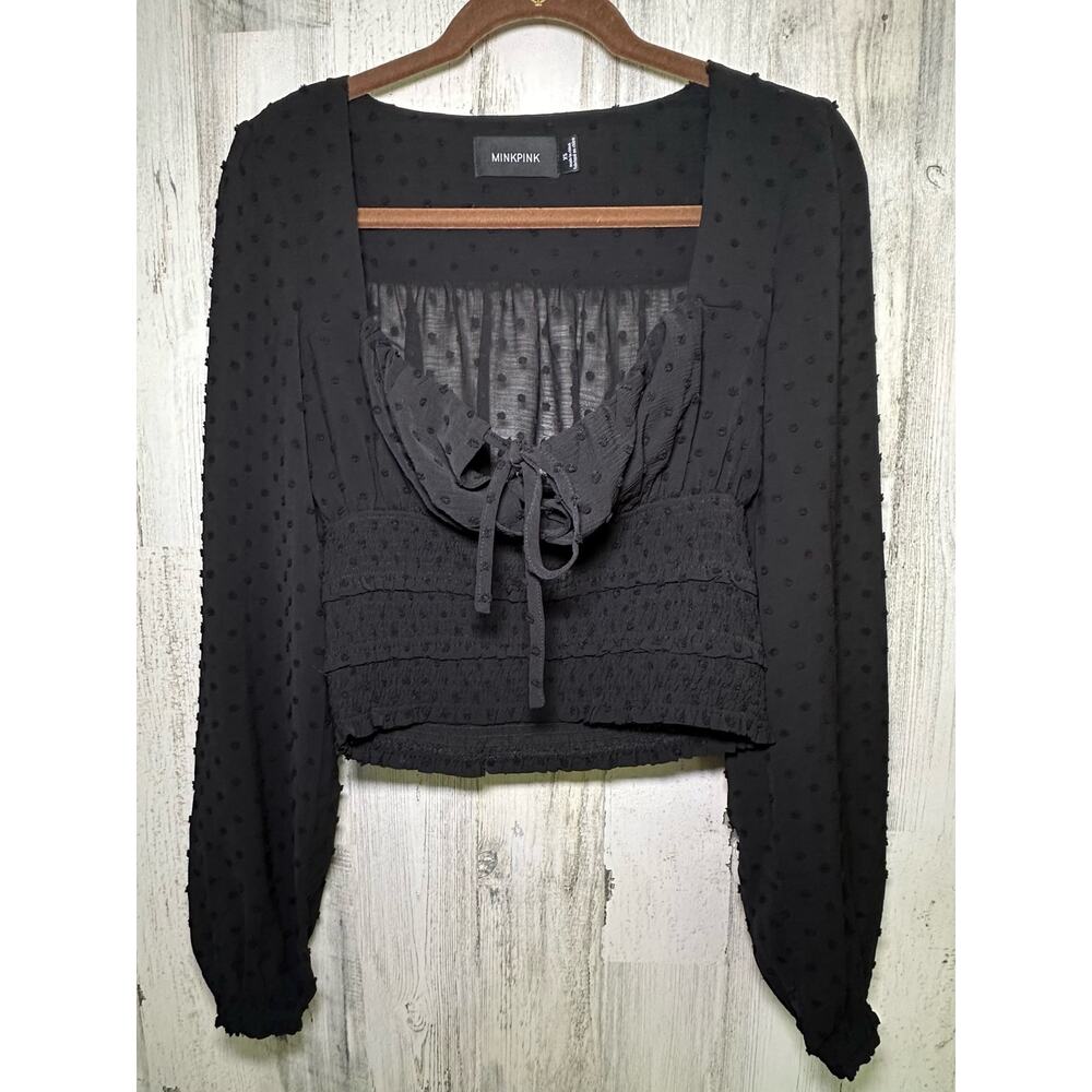 Minkpink Womens Sheer Black Smocked Crop Top XS Extra Small Swiss Dot Tie Front